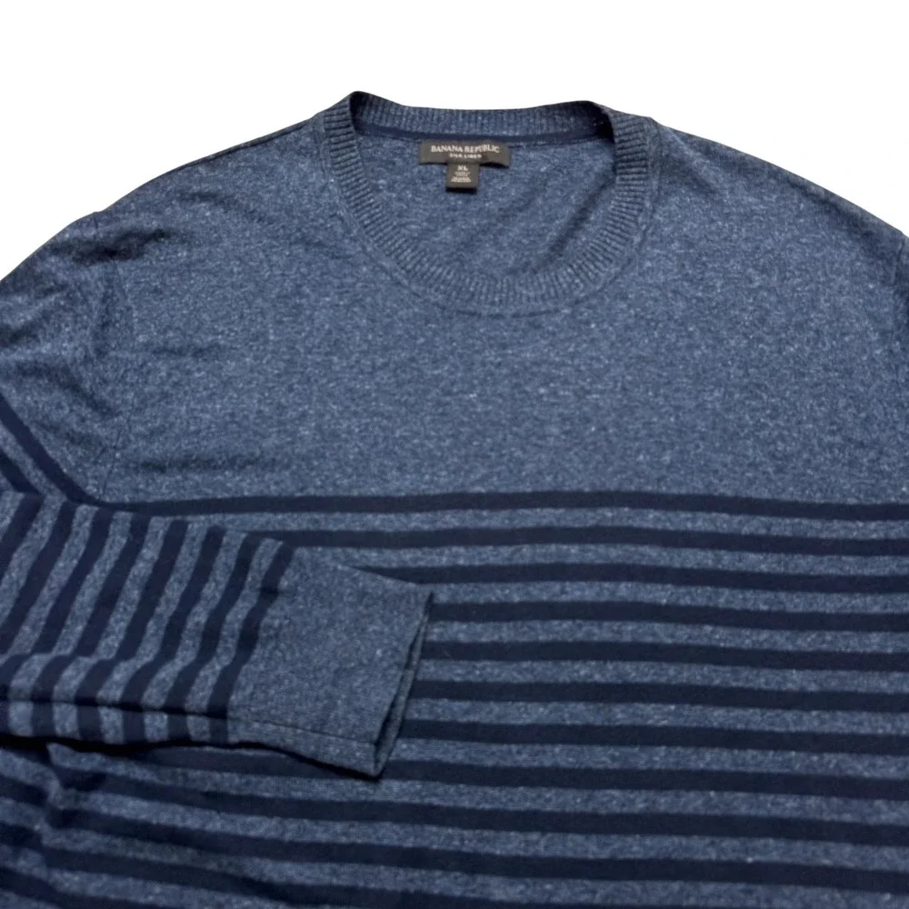 Banana Republic Sweater Mens XL Blue Silk Linen Stripe Crewneck Knit Lightweight